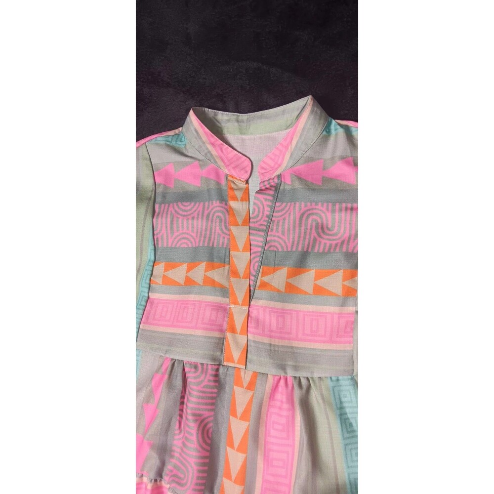 Boho Linen Blend Tiered Bell Sleeve Tunic Dress Small Aztec Geometric Lagenlook - Picture 4 of 11